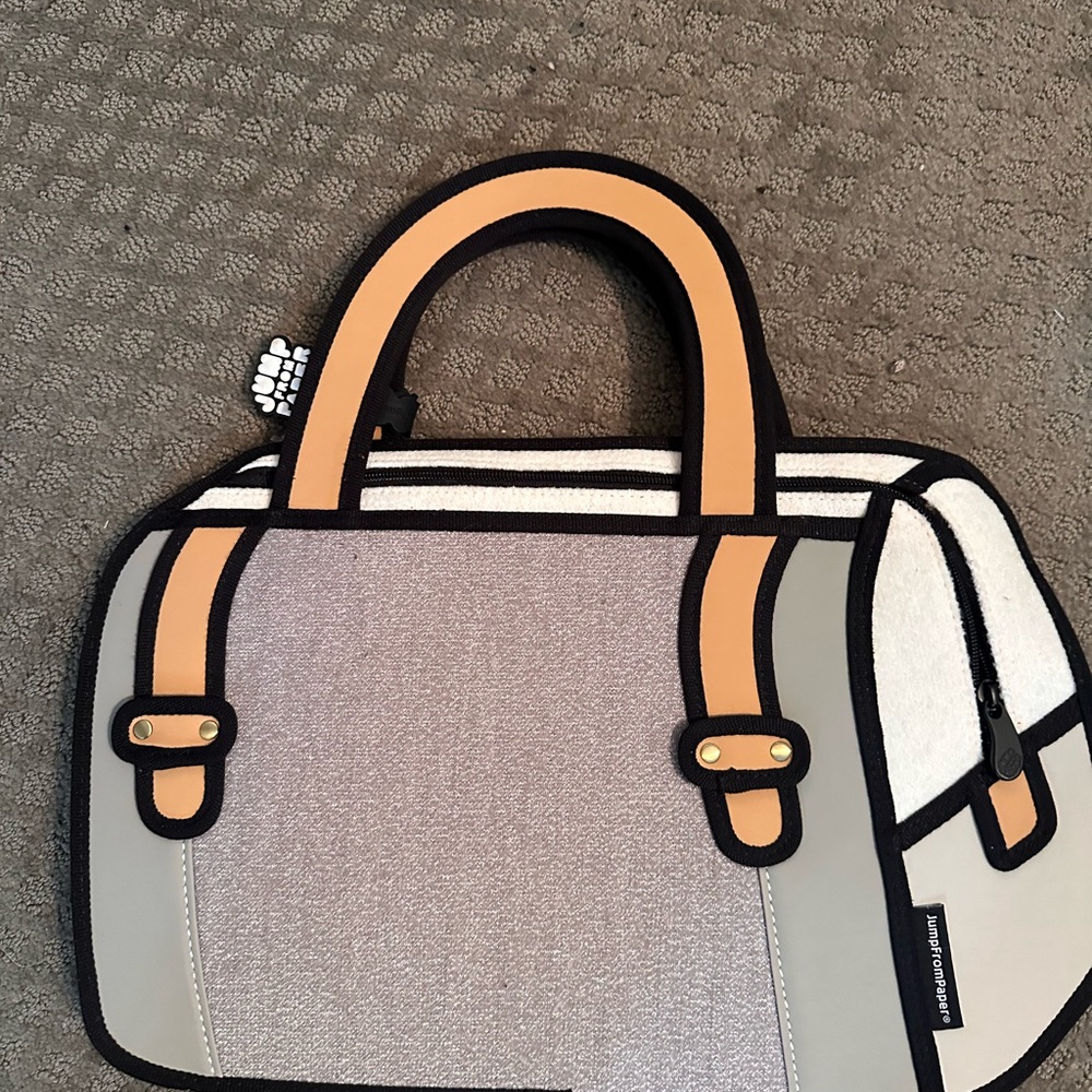 Jump From Paper Woolen Gray Handbag with Tan Accents